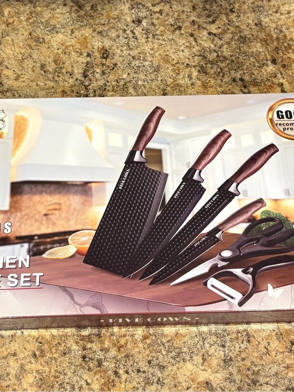 FIVE COWS Black Kitchen Knife Set with Wood-Tone Handles